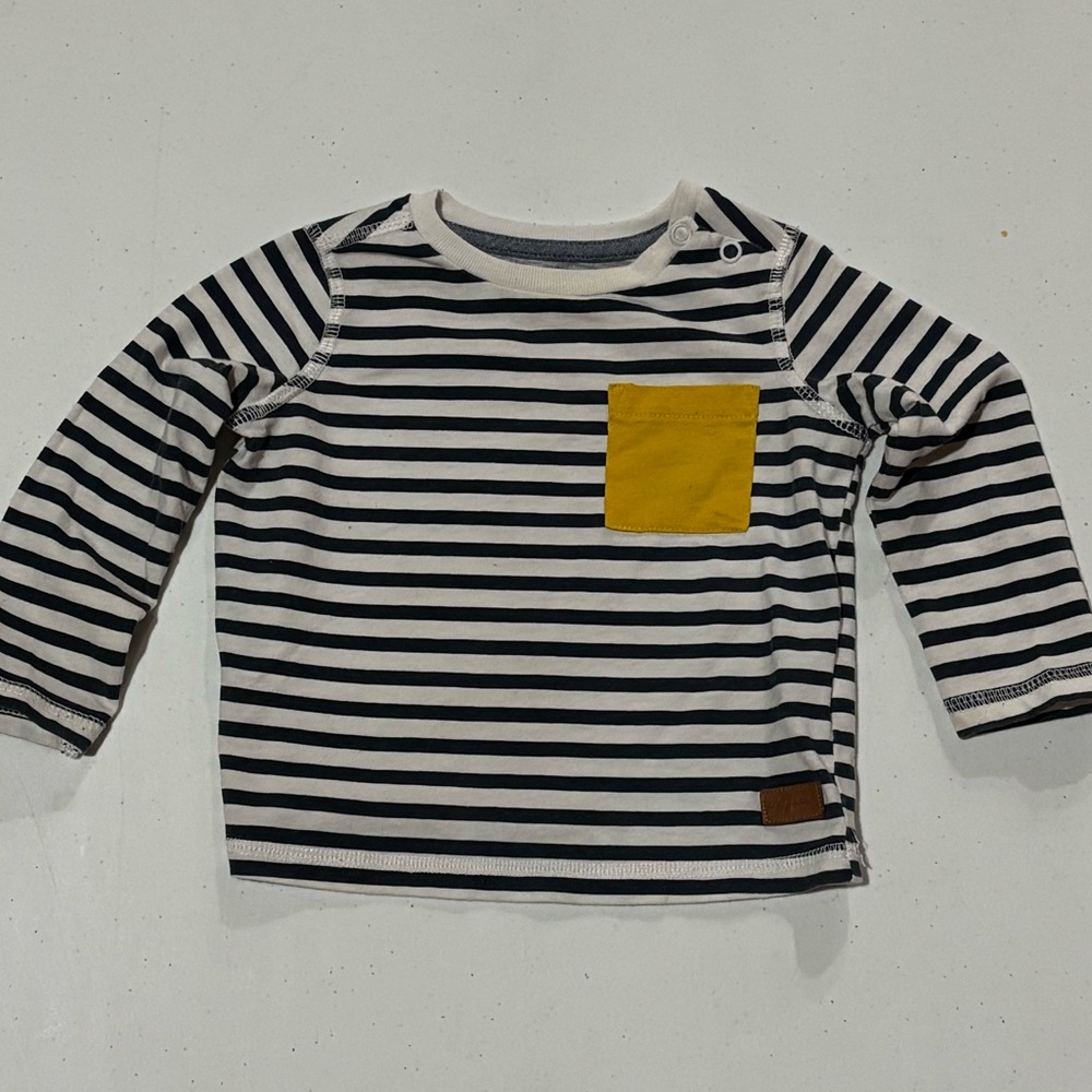 7 For All Mankind Navy Striped Long Sleeve Kids Shirt with Yellow Pocket, 12 M